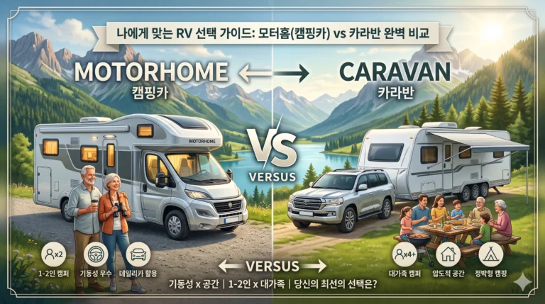 나에게 맞는 RV 선택 가이드: 모터홈(캠핑카) vs 카라반 완벽 비교'라는 제목의 썸네일 이미지. 왼쪽은 '1-2인 캠퍼, 기동성 우수' 특징을 가진 모터홈(MOTORHOME)과 노부부의 모습이, 오른쪽은 '대가족 캠퍼, 압도적 공간' 특징을 가진 카라반(CARAVAN)과 대가족의 바비큐 캠핑 모습이 대조적으로 표현되어 있습니다. 하단에는 '기동성 vs 공간, 1-2인 vs 대가족 당신의 최선의 선택은?'이라는 문구가 적혀 있습니다.