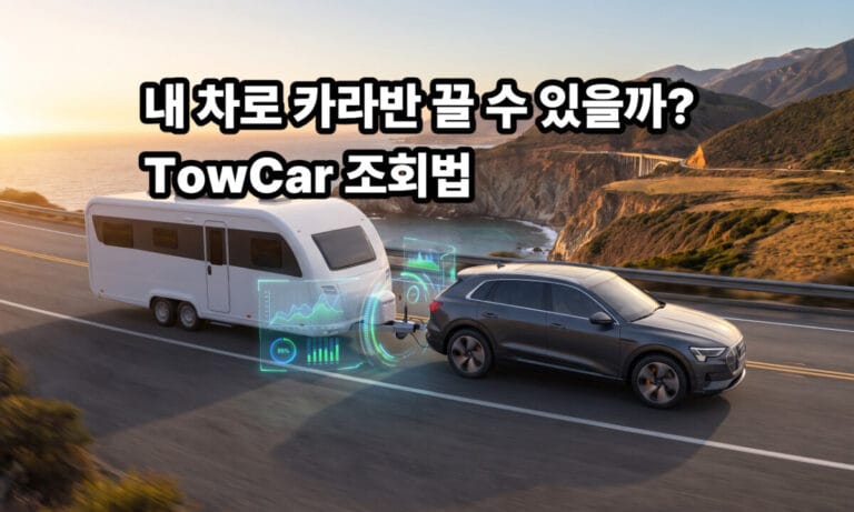 해안 도로를 달리는 짙은 회색 SUV와 하얀색 카라반 연결부 사이에 견인력 데이터를 분석하는 홀로그램 그래픽(그래프와 퍼센트 수치)이 떠 있는 하이테크 실사 이미지. 상단에는 '내차로 카라반 끌 수 있을까? TowCar 조회법'이라는 굵은 텍스트가 강조되어 있습니다.
