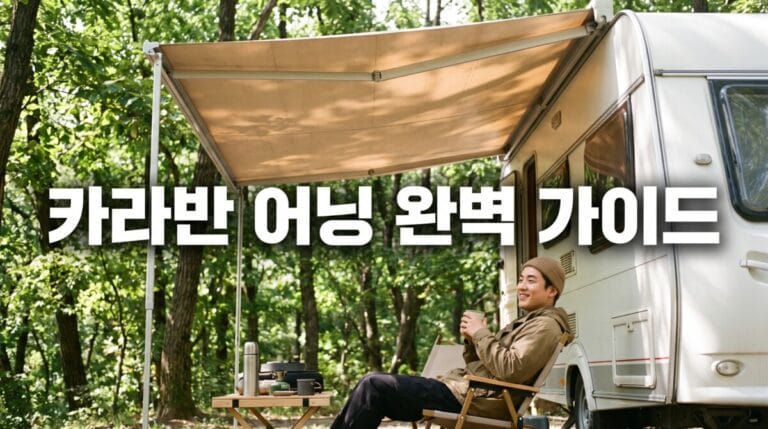 푸른 숲속 캠핑장에 세워진 카라반 어닝 그늘 아래서 한 남성이 캠핑 의자에 앉아 여유롭게 커피를 마시며 미소 짓고 있는 모습. 이미지 중앙에 '카라반 어닝 완벽 가이드'라는 커다란 흰색 텍스트가 굵게 적혀 있습니다.
