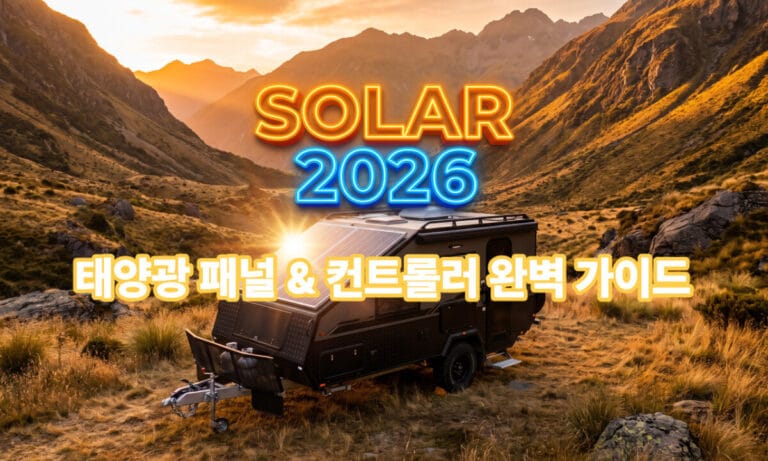 해 질 녘 웅장한 산맥을 배경으로 지붕에 태양광 패널이 설치된 오프로드 카라반. 중앙에 'SOLAR 2026 태양광 패널 & 컨트롤러 완벽 가이드'라는 문구가 돋보이는 노지 캠핑 전기 세팅 썸네일 이미지.
