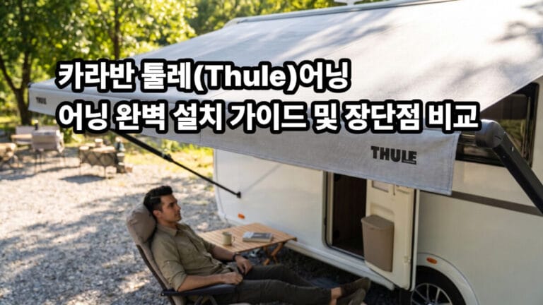 맑은 날 숲속 캠핑장에서 카라반 측면에 넓게 펼쳐진 회색 툴레(THULE) 어닝 아래, 캠핑 의자에 앉아 여유롭게 휴식을 취하는 남성의 모습. 화면 중앙에 '카라반 툴레(Thule)어닝 어닝 완벽 설치 가이드 및 장단점 비교'라는 문구가 굵게 적힌 썸네일 이미지.