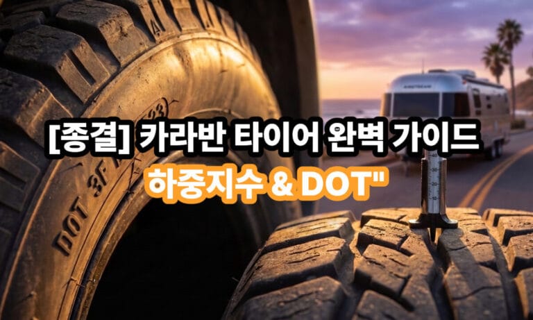 타이어 측면에 'DOT 1523' 생산일자 코드가 선명하게 보이고, 바닥면(트레드)에는 마모도 측정 게이지가 꽂혀 있는 모습. 중앙에 'TIRE SAFETY & DOT' 네온 문구가 빛나고 뒤로는 해변 도로를 달리는 카라반이 아웃포커싱 된 썸네일 이미지.