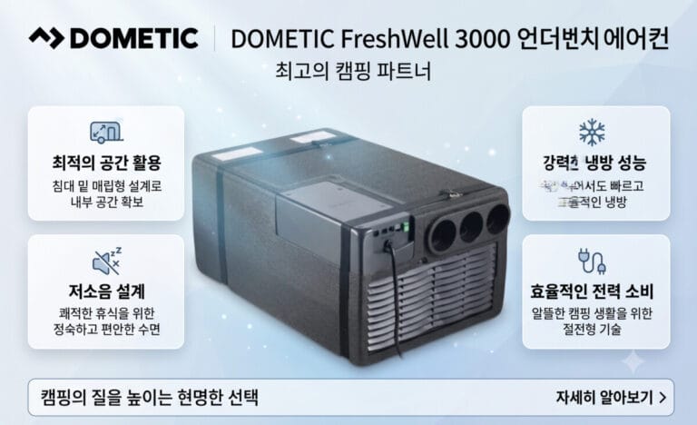 상단에 DOMETIC 로고와 'DOMETIC FreshWell 3000 언더벤치 에어컨'이라는 텍스트가 포함된 제품 누끼 이미지. 흰색 배경 중심에 검은색 고밀도 폼 케이스로 감싸진 도메틱 프레쉬웰 3000 매립형 에어컨 본체가 놓여 있습니다. 전면 우측 상단에는 주름관을 연결하는 세 개의 원형 송풍구 배출구가 있고 그 아래로 가로형 공기 흡입 그릴망이 보이며, 측면에는 회색 제어 박스와 연결 케이블이 노출되어 있습니다.
