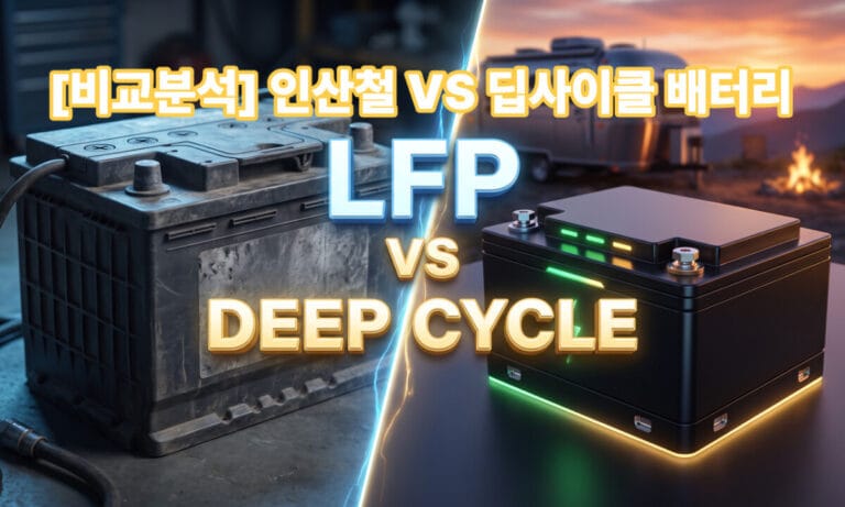 좌측의 무거운 딥사이클 배터리와 우측의 최신 인산철(LFP) 배터리가 대비를 이루고 있으며, 중앙에 '[비교분석] 인산철 VS 딥사이클 배터리'라는 문구가 적혀 있는 카라반 전기 세팅 썸네일 이미지.