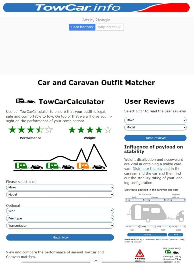 'TowCar.info' 웹사이트의 스크린샷. 자동차와 카라반의 견인력 조회을 확인하는 계산기 도구 화면. 왼쪽에는 차량 선택 양식과 'Match Now' 버튼, 오른쪽에는 사용자 리뷰 검색 및 적재 하중이 안정성에 미치는 영향을 계산하는 도구가 보인다. 전체적으로 견인 안전성을 평가하는 웹 기반 도구의 모습을 보여준다.