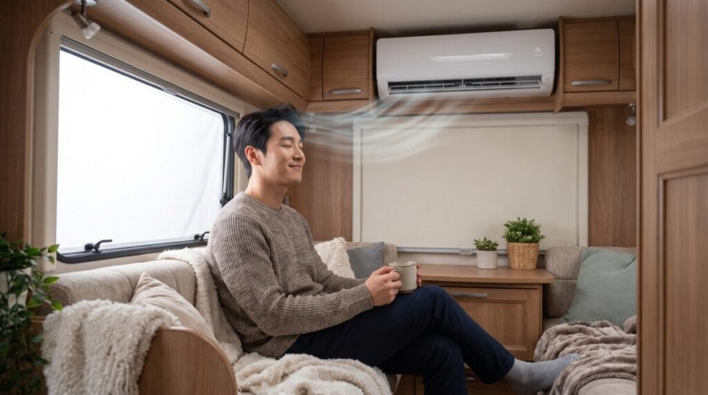 아늑한 우드톤 카라반 실내 소파에 편안하게 앉아 커피잔을 든 남성이 벽걸이 에어컨에서 나오는 시원한 바람을 맞으며 만족스럽게 미소 짓고 있는 모습입니다.