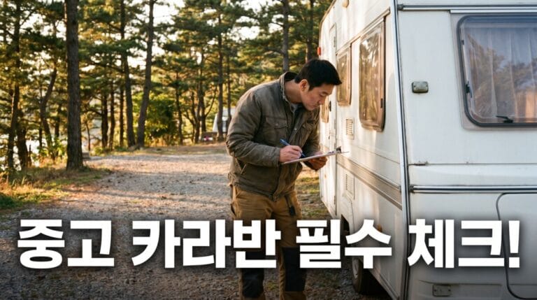 야외 캠핑장에서 한 남성이 서류 클립보드를 들고 흰색 중고카라반 외관을 꼼꼼히 점검하고 있는 모습. 하단에 '중고 카라반 필수 체크!'라는 커다란 흰색 텍스트가 적혀 있습니다.