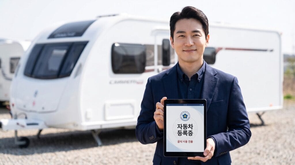 맑은 날씨에 중고카라반을 배경으로 선 남성이 '자동차 등록증' 화면이 띄워진 태블릿 PC를 들고 신뢰감 있는 미소를 짓고 있는 모습입니다.