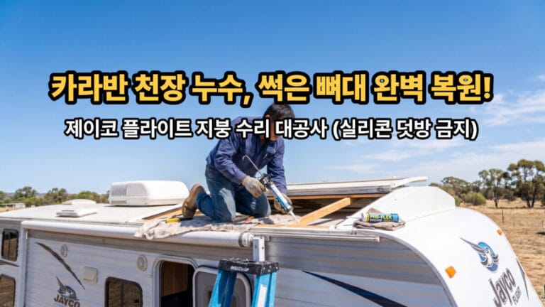 카라반 천장 누수, 썩은 뼈대 완벽 복원!'이라는 노란색 글씨가 적혀 있고, 화창한 야외 캠핑장에 주차된 튼튼해 보이는 흰색 카라반의 모습을 담은 블로그 메인 썸네일 이미지