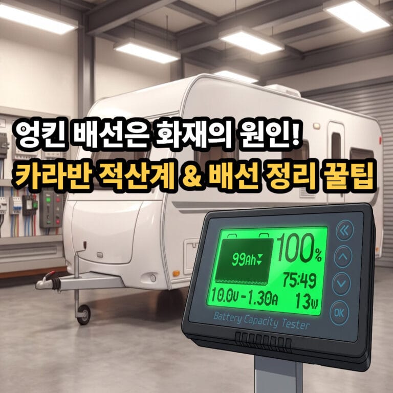 안경을 쓰지 않은 깔끔한 3D 정비사 캐릭터가 환하게 빛나는 100% 잔량의 적산계 모니터를 들고 카라반 수리점 안에서 자신감 있게 미소 짓는 모습