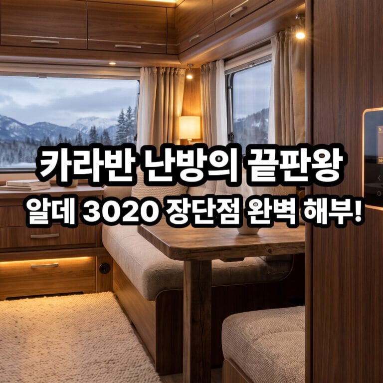 인물 없이 텅 빈 따뜻하고 고급스러운 카라반 실내, 창밖으로는 눈 내리는 풍경이 보이고 벽면에는 알데 3020 컨트롤 패널이 켜져 있는 고화질 실사 사진