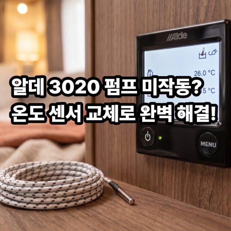 인물 없이 카라반의 고급스러운 나무 벽면에 설치된 알데 3020 컨트롤 패널과 교체를 위해 준비된 새 온도 센서 부품이 돋보이는 고화질 실사 사진