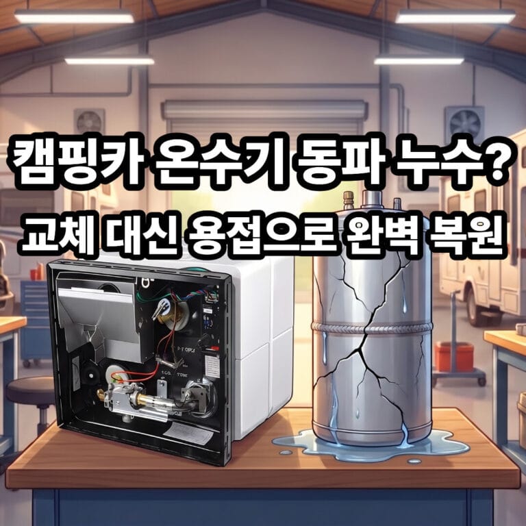 '캠핑카 온수기 동파 누수? 교체 대신 용접으로 완벽 복원'이라는 텍스트 문구와 함께, 수리점 작업대 위에 놓인 온수기 본체와 동파로 인해 깊은 크랙이 생겨 물이 새고 있는 알루미늄 물탱크의 모습