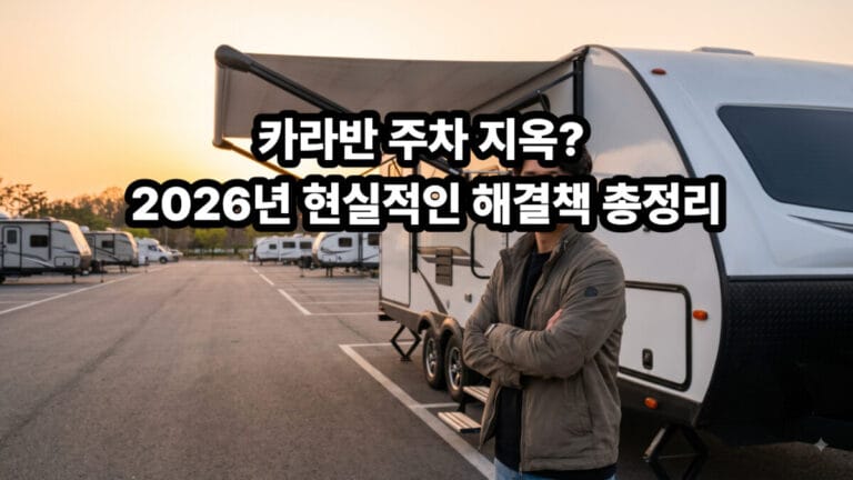 넓고 쾌적한 전용 주차장에 안전하게 주차된 카라반과 여유롭게 서 있는 남성의 모습
