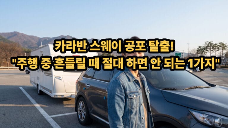 안전하게 견인차와 결합된 카라반 옆에 서 있는 남성의 사실적인 모습