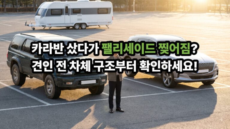 프레임바디 SUV와 모노코크바디 SUV 사이에서 카라반 견인차를 비교하고 있는 남성의 사실적인 모습