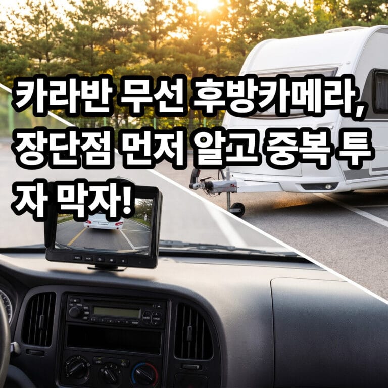 카라반 무선 후방카메라, 장단점 먼저 알고 중복 투자 막자!' 문구가 들어간 썸네일로, 차량 내부 모니터에 출력되는 카라반 후방 시야와 카라반 외관 모습