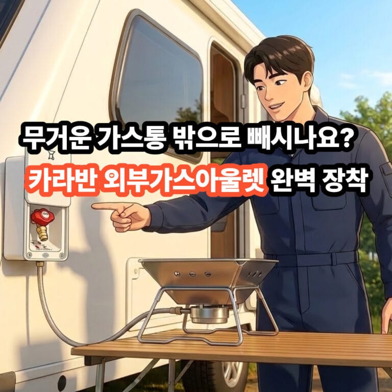 안경을 쓰지 않은 깔끔한 3D 정비사 캐릭터가 하비 카라반 외벽에 설치된 외부가스아울렛과 캠핑용 바비큐 그릴을 가리키며 여유롭게 미소 짓는 모습