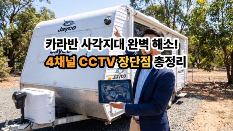 카라반 상단에 설치된 CCTV 카메라를 가리키며 4분할 화면 모니터를 들고 있는 안경을 쓰지 않은 남성 전문가의 사실적인 모습