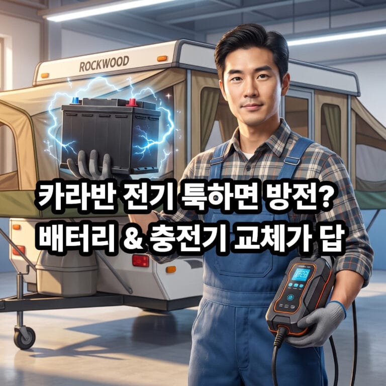 안경을 쓰지 않은 깔끔한 3D 정비사 캐릭터가 푸른빛의 전기 에너지가 감도는 신품 딥사이클 배터리와 스마트 충전기를 들고 텐트카라반 앞에서 자신감 있게 미소 짓는 모습