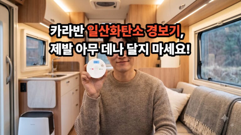 카라반-캠핑카 일산화탄소경보기를 들고 안전을 강조하는 한국 남성의 사실적인 모습